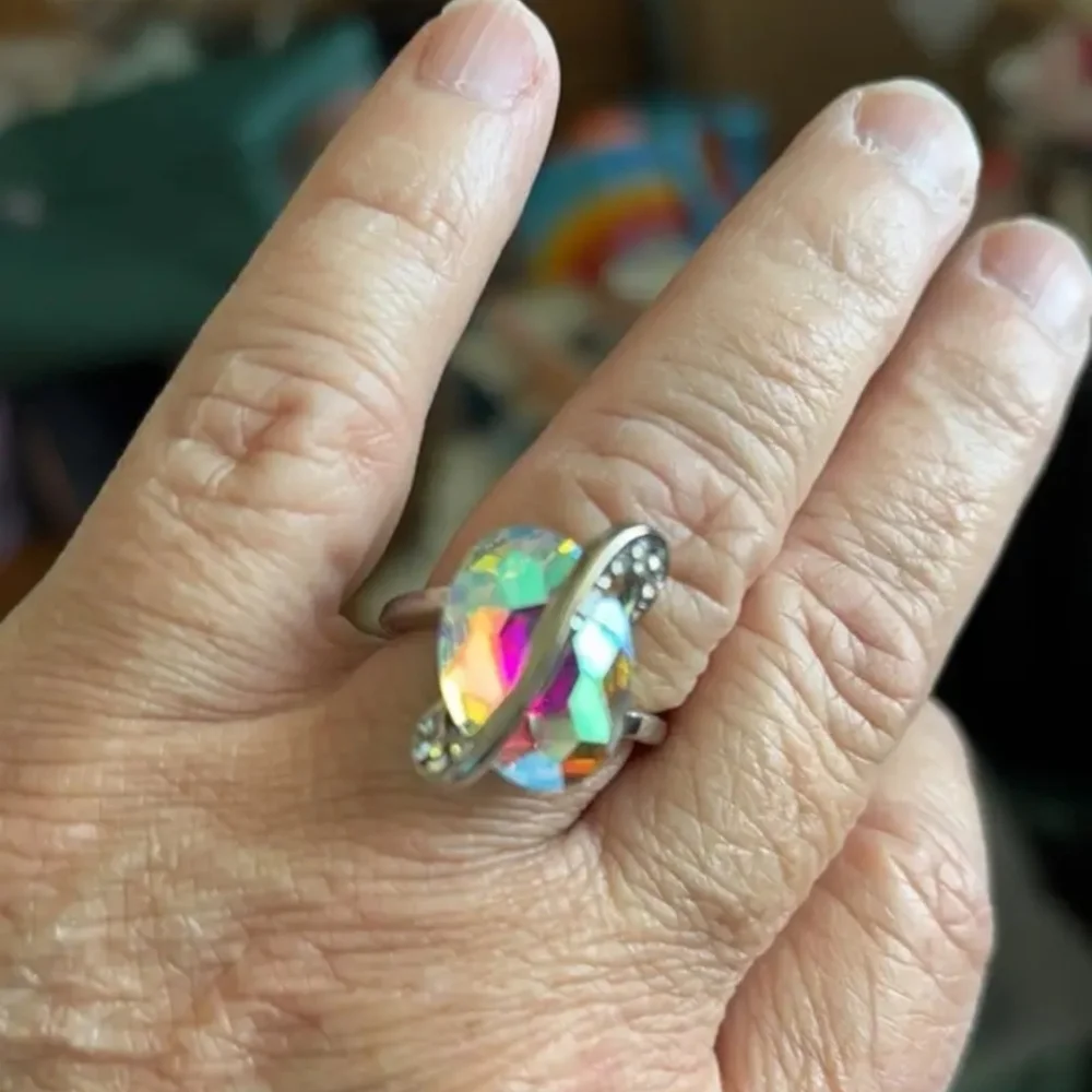 Elegant Multicolor Crystal Silver Ring Sz 9
